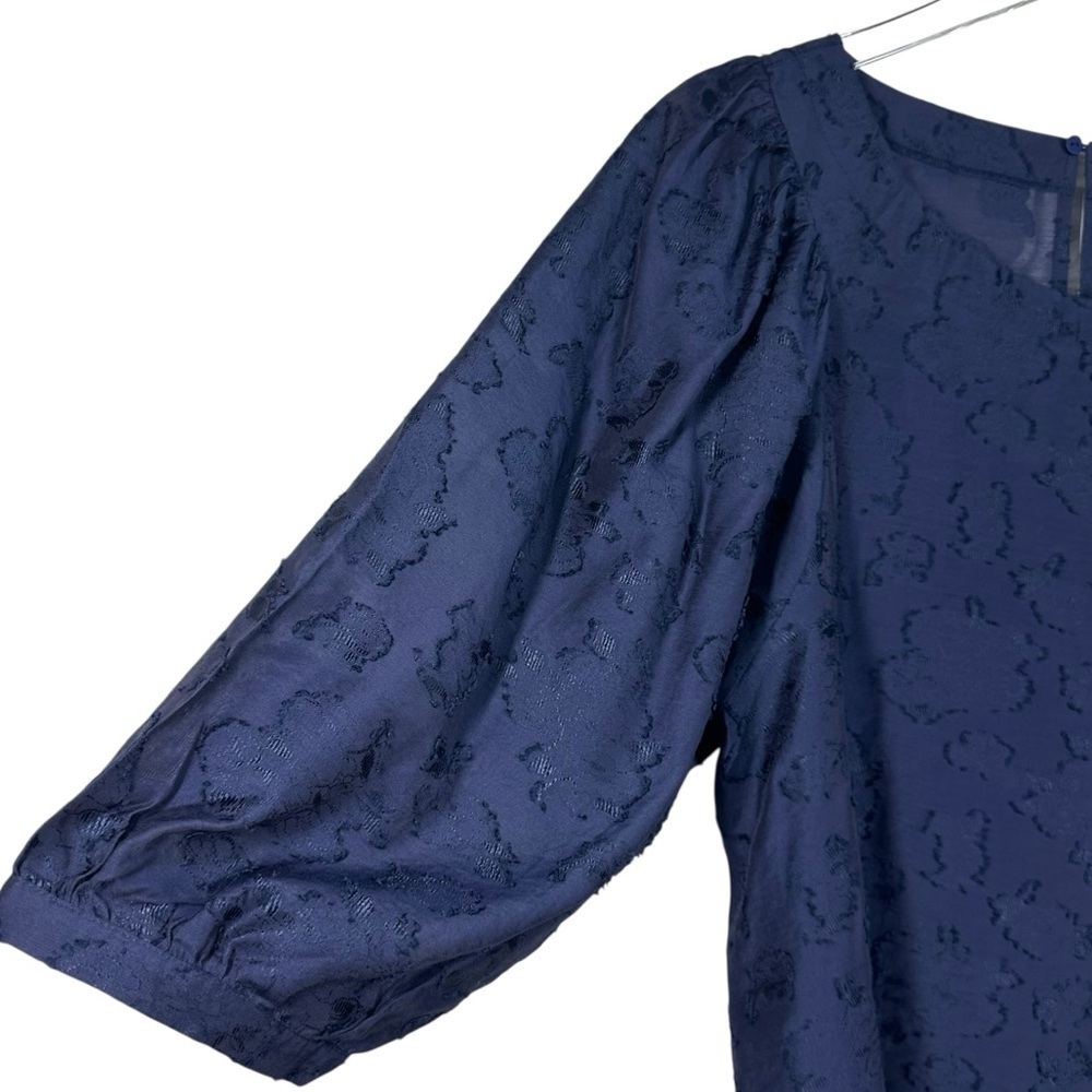 OLIVER BONAS Navy Blue Textured Flowy Blouse with Puff Sleeve Size 12 - Picture 2 of 8